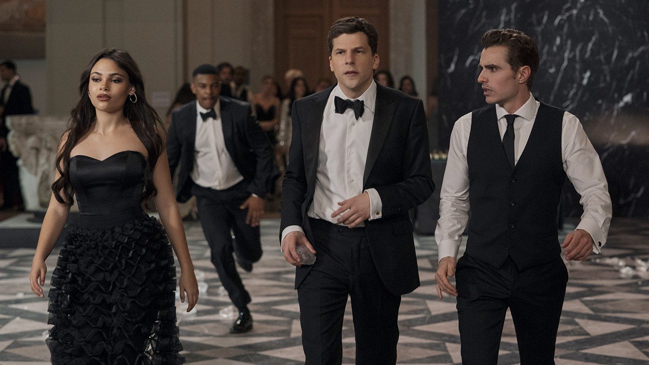 Ariana Greenblatt as June, Jesse Eisenberg as Daniel Atlas, and Dave Franco as Jack Wilder in Now You See Me: Now You Don’t.