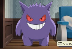 Gengar stands in the corner of a room.