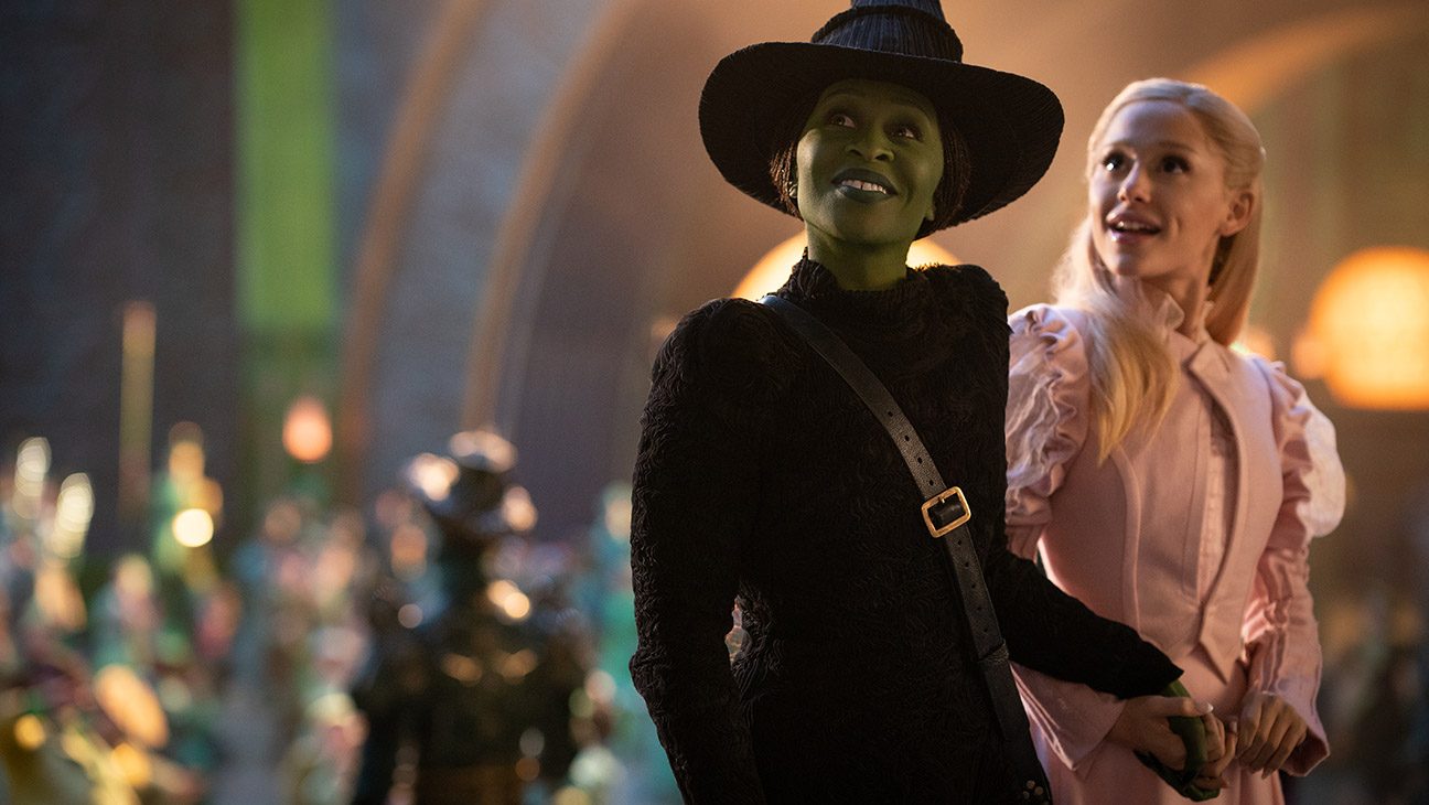 L to R: Cynthia Erivo is Elphaba and Ariana Grande is Glinda in Wicked