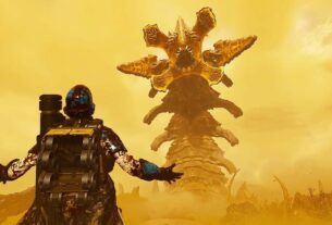 A Helldiver awaits an alien worm.