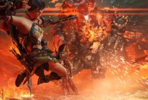 A hunter fights a machine surrounded by fire.