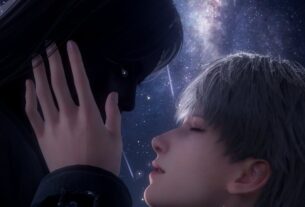 Two characters embrace, but one is barely visible in the lighting.