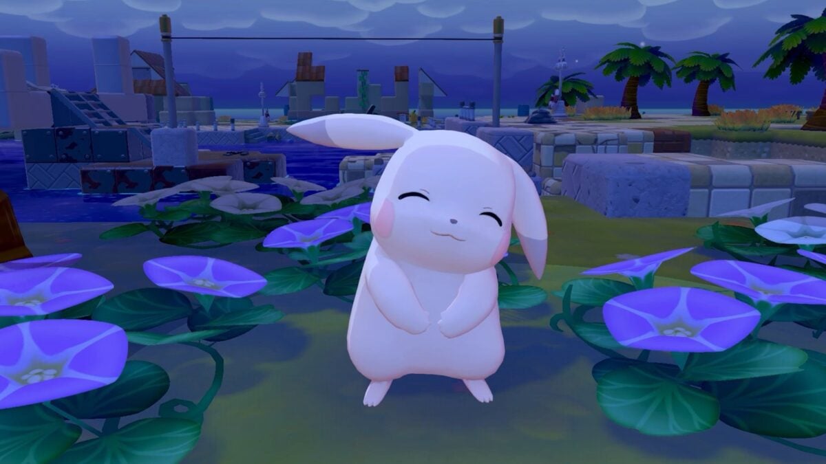 A white Pikachu smiles at the camera