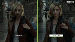 Comparação de renderização com DLSS 5 em uma cena de jogo