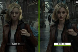 Comparação de renderização com DLSS 5 em uma cena de jogo