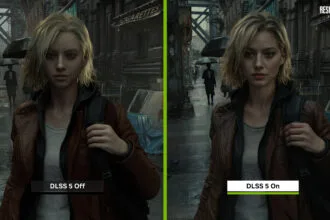 Comparação de renderização com DLSS 5 em uma cena de jogo