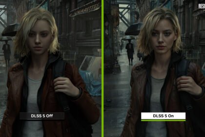 Comparação de renderização com DLSS 5 em uma cena de jogo