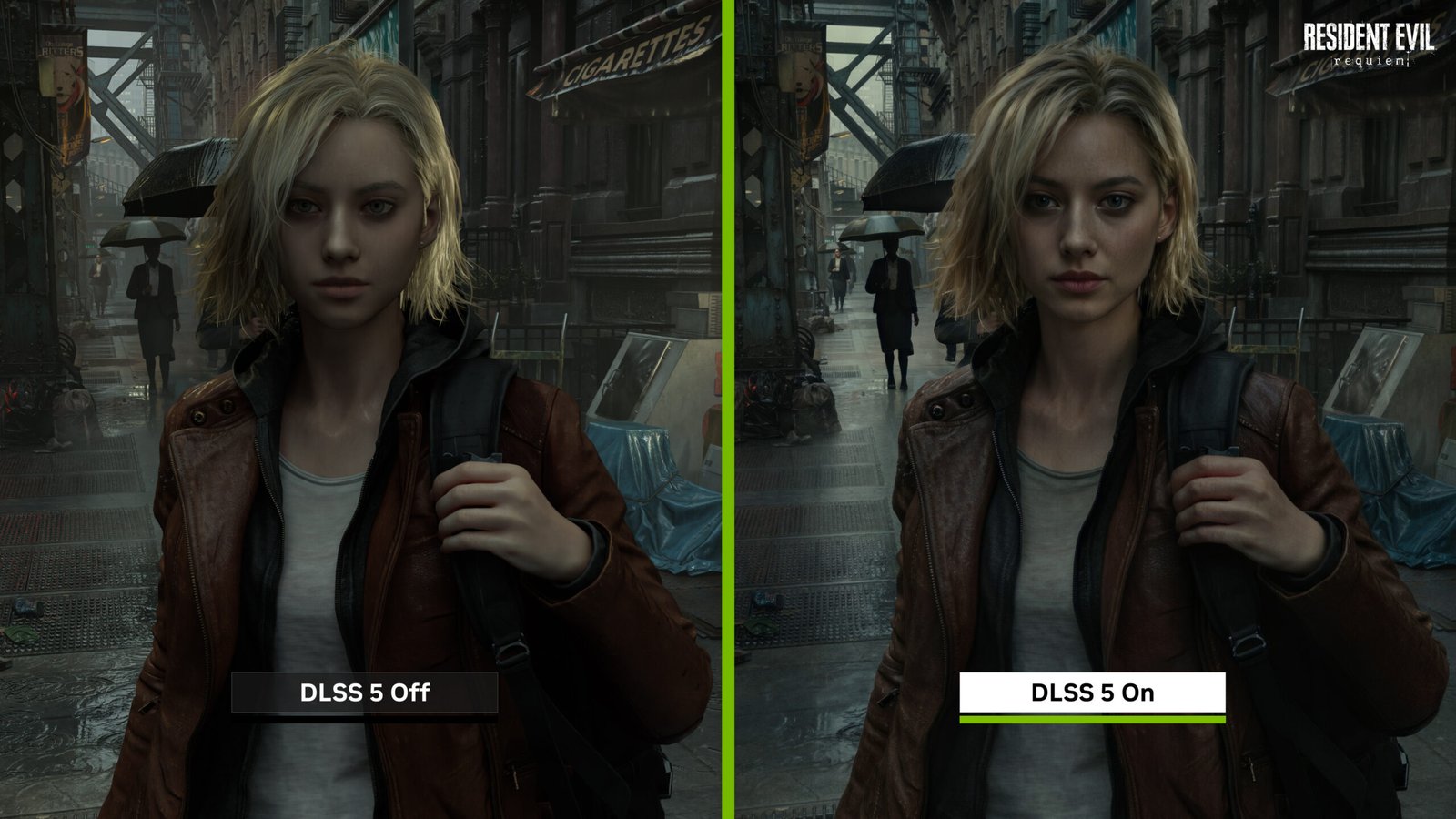 Comparação de renderização com DLSS 5 em uma cena de jogo