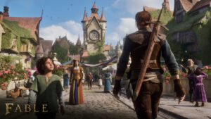 Cena de Fable na Gamescom 2026 mostrando o herói caminhando por Bowerstone
