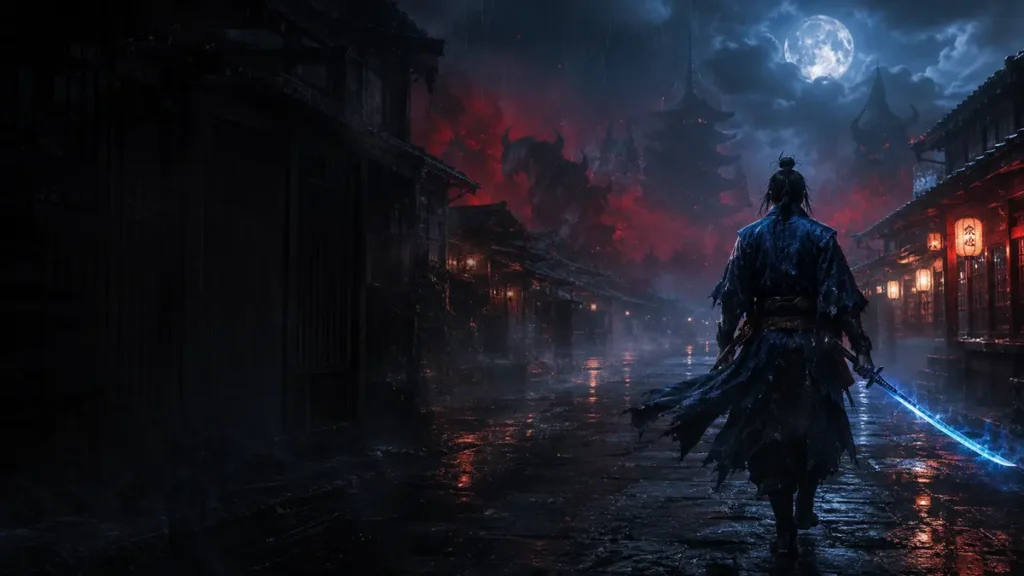 Samurai em uma rua de Kyoto à noite com névoa vermelha e brilho azul sobrenatural na espada