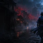 Samurai em uma rua de Kyoto à noite com névoa vermelha e brilho azul sobrenatural na espada