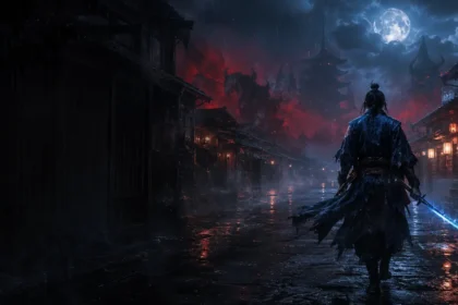 Samurai em uma rua de Kyoto à noite com névoa vermelha e brilho azul sobrenatural na espada