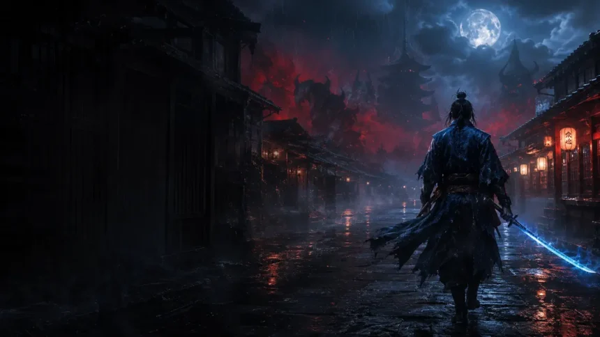 Samurai em uma rua de Kyoto à noite com névoa vermelha e brilho azul sobrenatural na espada