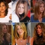 Montagem com dez fotos de Jennifer Aniston como Rachel Green em diferentes fases de Friends