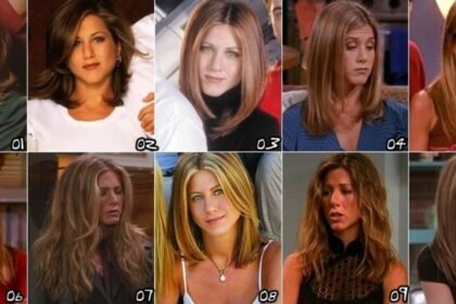 Montagem com dez fotos de Jennifer Aniston como Rachel Green em diferentes fases de Friends