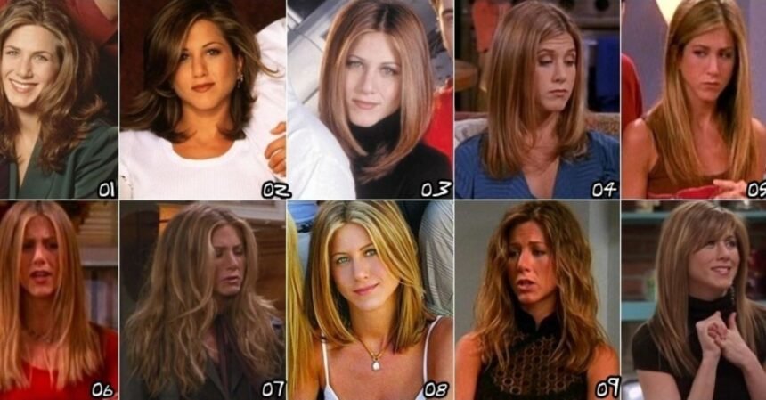 Montagem com dez fotos de Jennifer Aniston como Rachel Green em diferentes fases de Friends