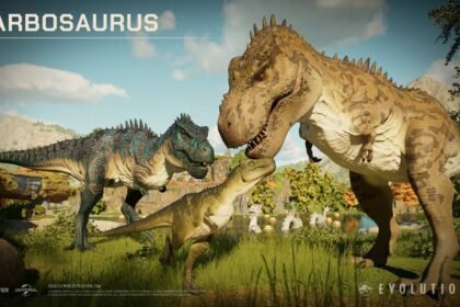 Arte oficial do Tarbosaurus, um dos dinossauros da DLC Prehistoric East de Jurassic World Evolution 3
