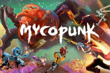 Arte oficial de Mycopunk com robôs do esquadrão contra ameaça fúngica