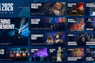 Arte oficial da BlizzCon 2026 com cerimônia de abertura, painéis, esports e atrações