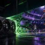 Placa de vídeo transforma pixels em uma cena de basquete, representando qualidade de imagem e desempenho com DLSS 5