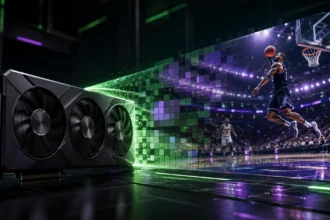 Placa de vídeo transforma pixels em uma cena de basquete, representando qualidade de imagem e desempenho com DLSS 5