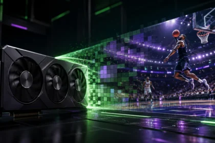Placa de vídeo transforma pixels em uma cena de basquete, representando qualidade de imagem e desempenho com DLSS 5