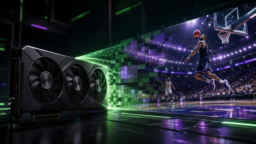 Placa de vídeo transforma pixels em uma cena de basquete, representando qualidade de imagem e desempenho com DLSS 5