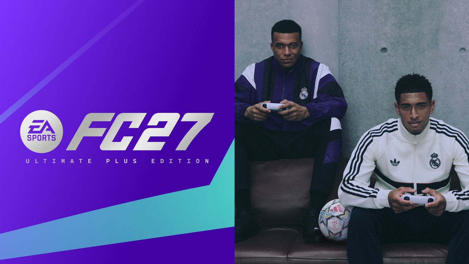 Kylian Mbappé e Jude Bellingham na arte oficial de EA Sports FC 27