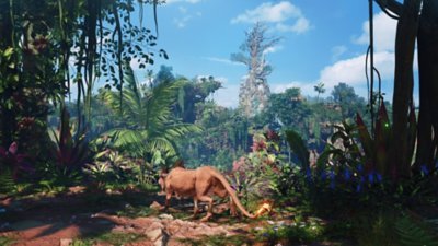 Red XIII em uma área de floresta de Final Fantasy VII Revelation