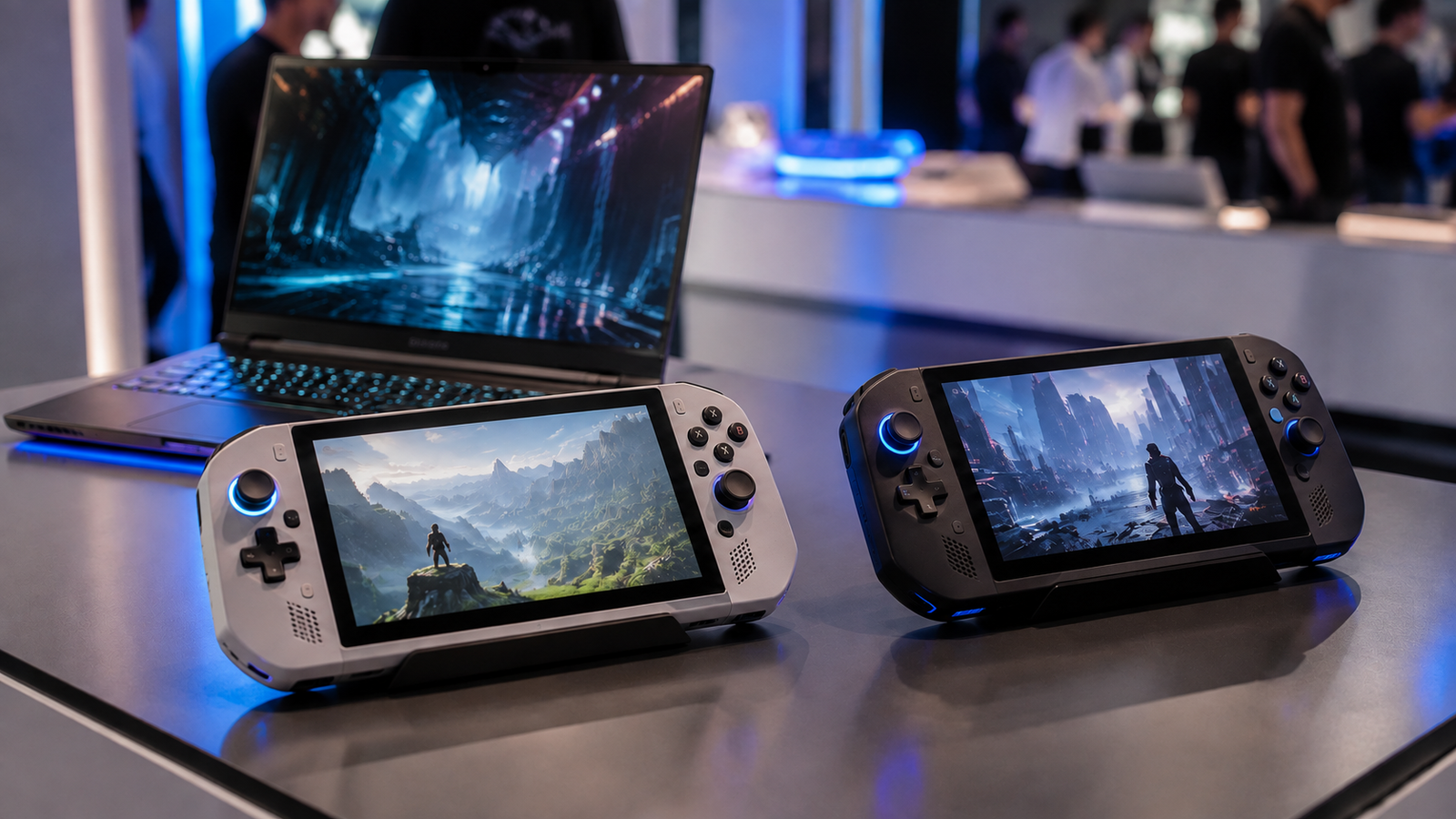 Dois computadores gamers portáteis e um notebook em uma feira de tecnologia