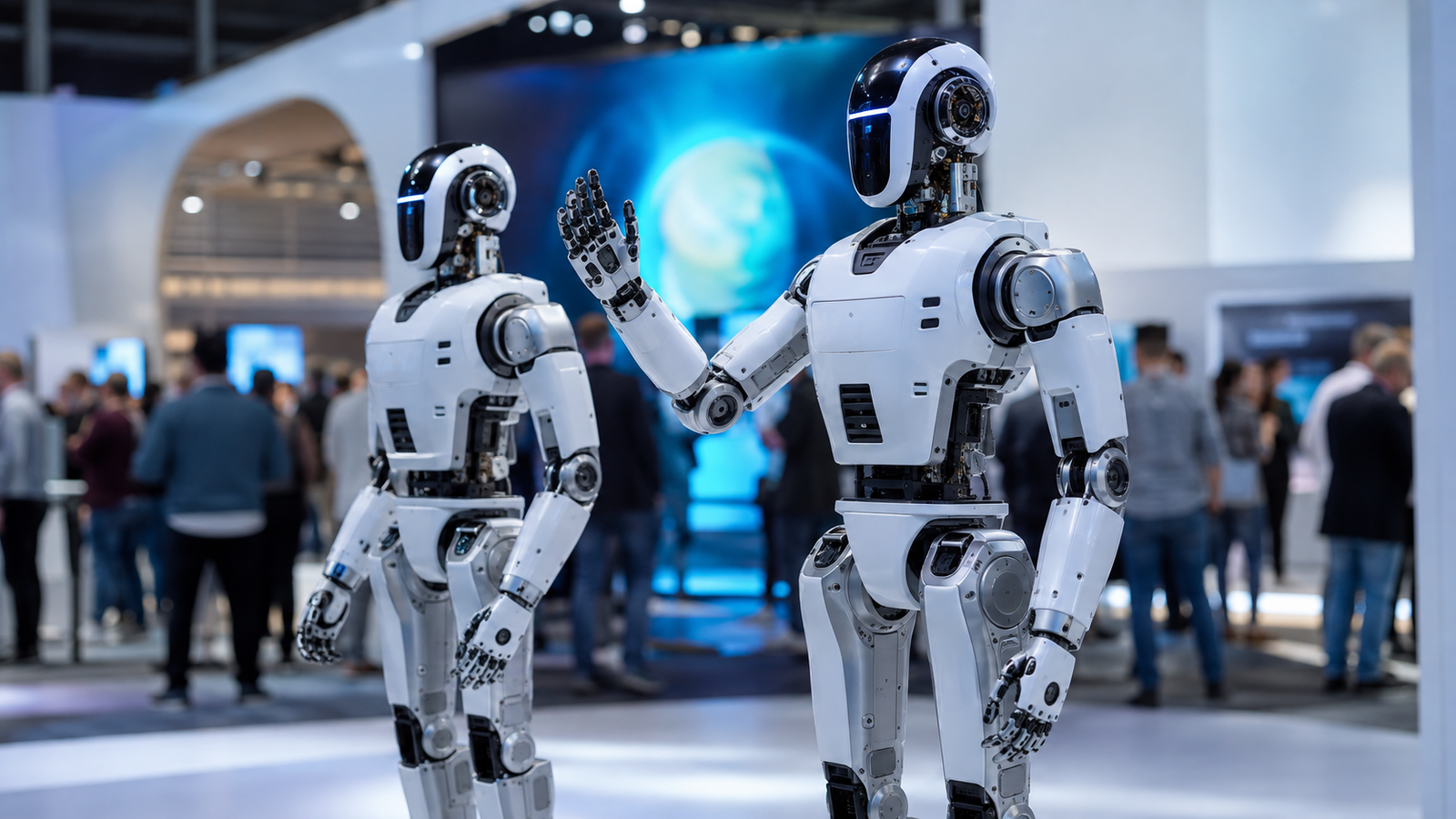 Robôs humanoides em demonstração em uma feira internacional de tecnologia