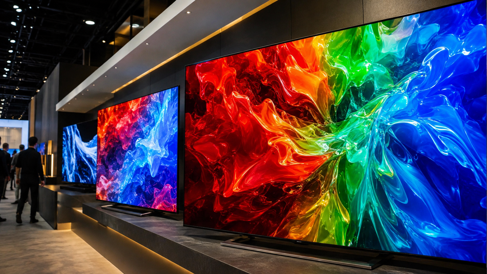 Televisores premium exibindo cores intensas em um estande de tecnologia
