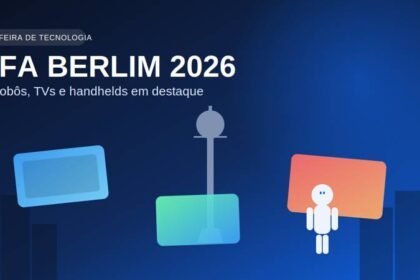 Ilustração de capa sobre a IFA Berlim 2026 com TV, torre de TV de Berlim e robô humanoide