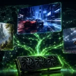 Placa de vídeo conectada a cenas de jogos por uma rede luminosa, representando jogos compatíveis com DLSS 5