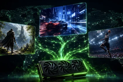 Placa de vídeo conectada a cenas de jogos por uma rede luminosa, representando jogos compatíveis com DLSS 5
