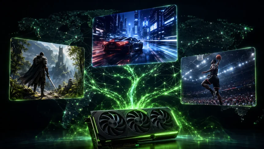 Placa de vídeo conectada a cenas de jogos por uma rede luminosa, representando jogos compatíveis com DLSS 5