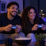 Casal jogando videogame cooperativo com dois controles