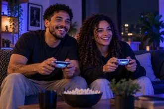 Casal jogando videogame cooperativo com dois controles