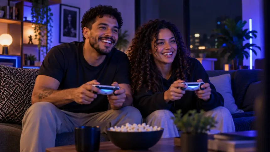 Casal jogando videogame cooperativo com dois controles