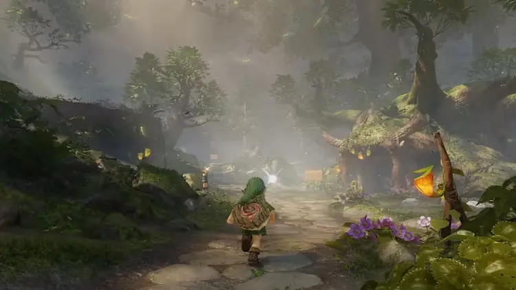 Link corre pela Floresta Kokiri no remake de Ocarina of Time