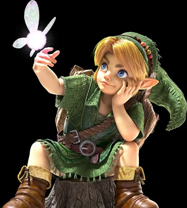 Link sentado observa Navi em Ocarina of Time