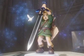 Link ergue a Master Sword em Ocarina of Time