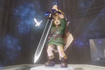 Link ergue a Master Sword em Ocarina of Time