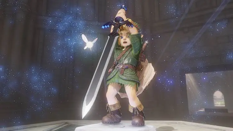 Link ergue a Master Sword em Ocarina of Time