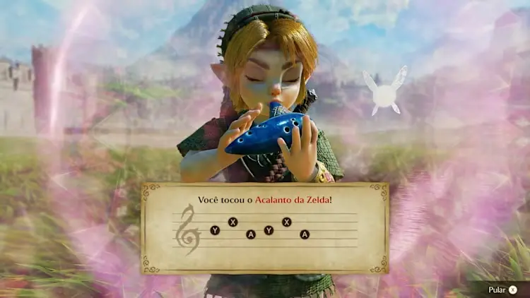 Link toca o Acalanto da Zelda na ocarina