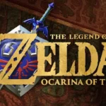 Logotipo de The Legend of Zelda: Ocarina of Time com a Master Sword e o escudo Hylian
