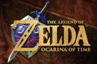 Logotipo de The Legend of Zelda: Ocarina of Time com a Master Sword e o escudo Hylian