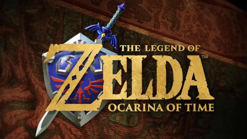 Logotipo de The Legend of Zelda: Ocarina of Time com a Master Sword e o escudo Hylian