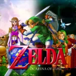 Personagens de The Legend of Zelda: Ocarina of Time reunidos ao redor de Link