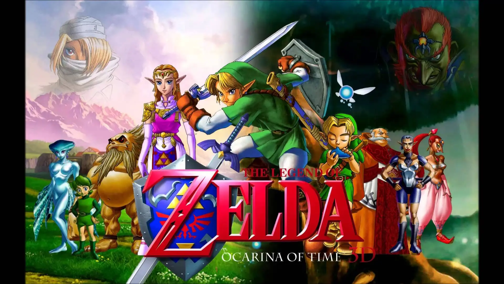 Personagens de The Legend of Zelda: Ocarina of Time reunidos ao redor de Link